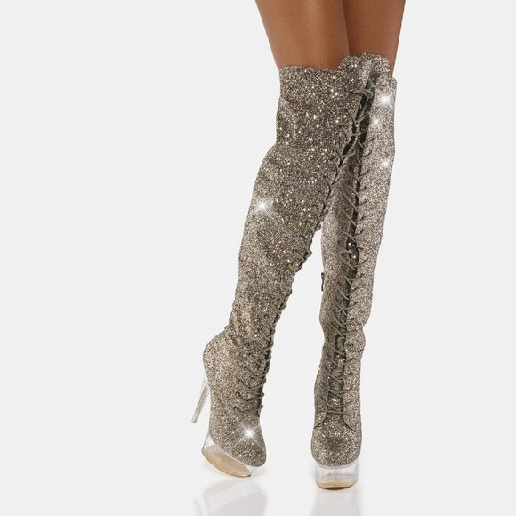 Bulls Silver Glitter Lace Up OTK Platform High Heel Thigh Boot - Picture 16 of 17
